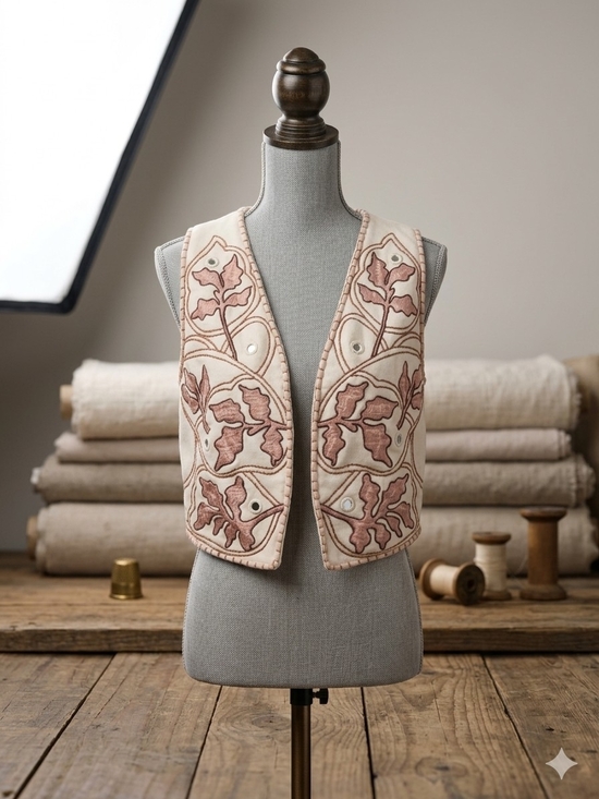 Zara Jackets & Blazers - Zara Cream Embroidered Floral Vest with Dusty Rose Accents